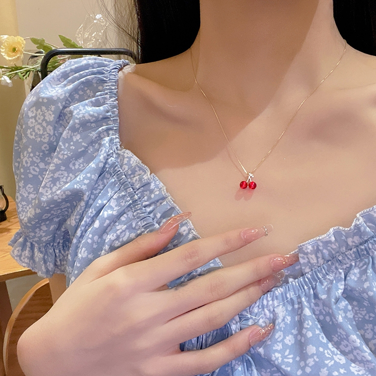 COD-ส่งเร็วจากไทย🎀สร้อยคอแฟชั่น จี้เชอร์รี่ สีแดง ย้อนยุค สไตล์เกาหลี นักเรียนสำหรับผู้หญิง ปรับขนาดได้ สแตนเลส-Tender - รูปที่ 3