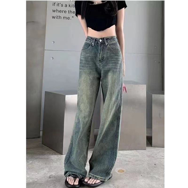 COCOA Jeans-กางเกงยีนส์ทรงเอวสูงขากว้างไซส์ใหญ่สำหรับผู้หญิง สไตล์อเมริกันใหม่ ทรงสตรีทย้อนยุค