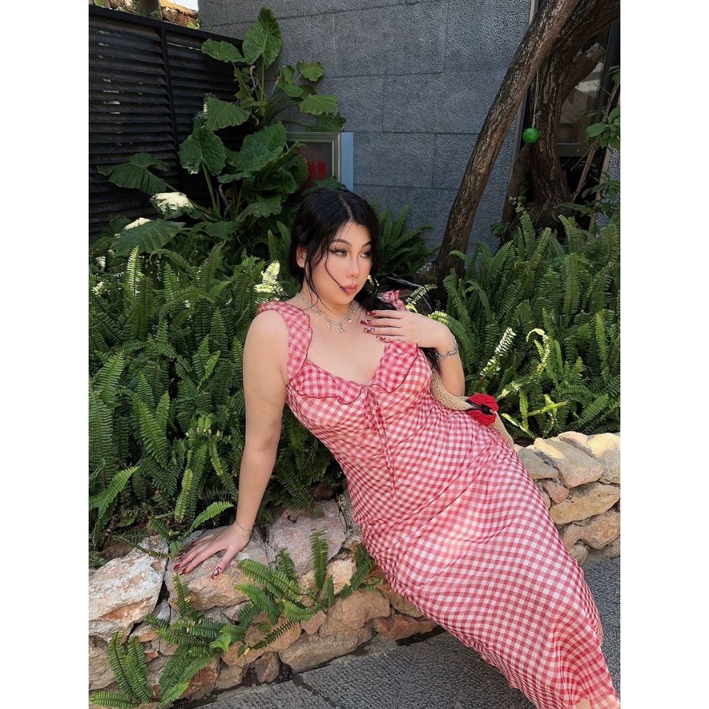 CiCi Plus+ (3339) เดรสสายเดี่ยวยาวลายสก๊อตแต่งระบายพร้อมเชือกผูกโบว์ด้านหน้า มีซิปข้าง มีซับใน เหมาะสำหรับสาวพลัสไซส์ - รูปที่ 3