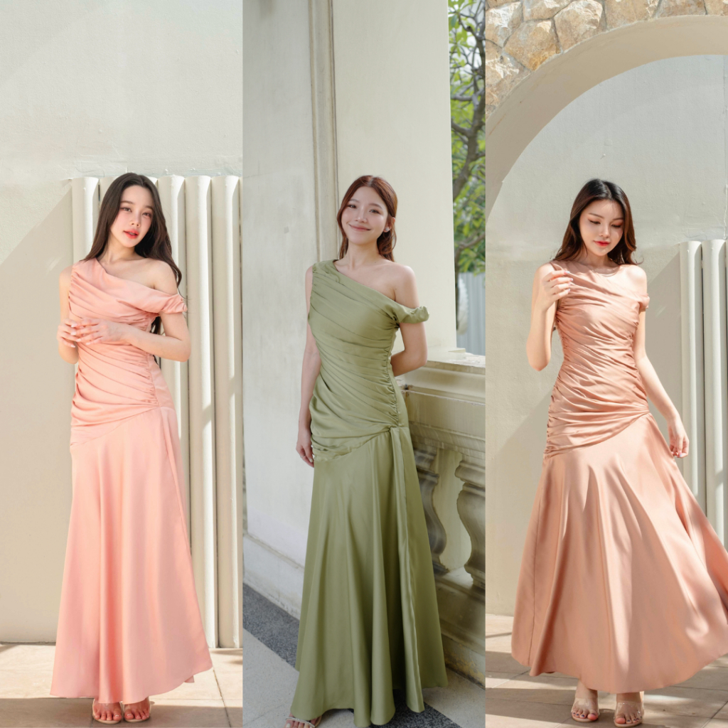 Pirunya - Long Dress 18 เดรสยาว ไหล่เดียว แขนกุด จับเดรป รูดเฉลียง กระโปรงระบาย