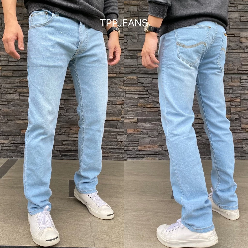 JEANSEXPRESS Stretch Denim กางเกงยีนส์ชายทรงกระบอก ผ้ายืด สีบลูฟอกซีด เป้ากระดุม ผ้านิ่มใส่สบาย Size 28-36