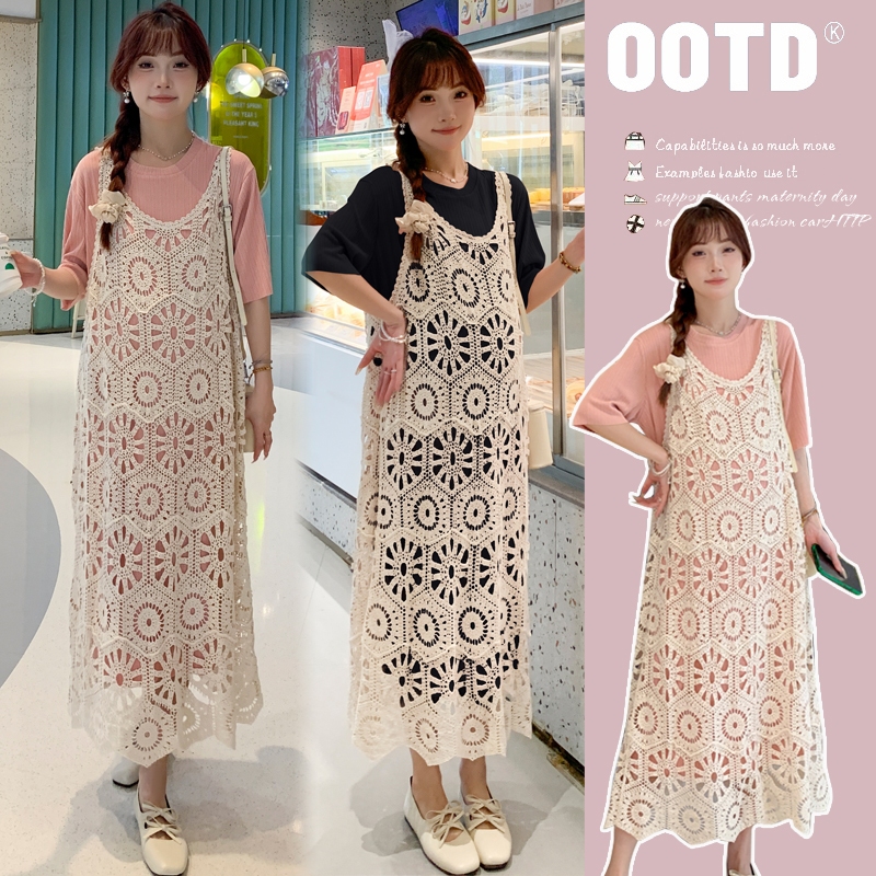 AA4363 ( 2 ชิ้น เสื้อคลุมถัก + เดรส ) ชุดเดรสคลุมท้องแฟชั่น เดรส + เสื้อคลุมผ้าถัก