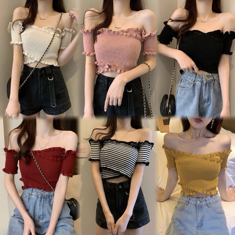 Cherry พร้อมส่ง เสื้อปาดไหล่ เสื้อเปิดไหล่ สม็อกไขว้หน้า งานสวยผ้า ใส่นุ่มสบายไม่คัน เสื้อไหมพรมปาดไหล่