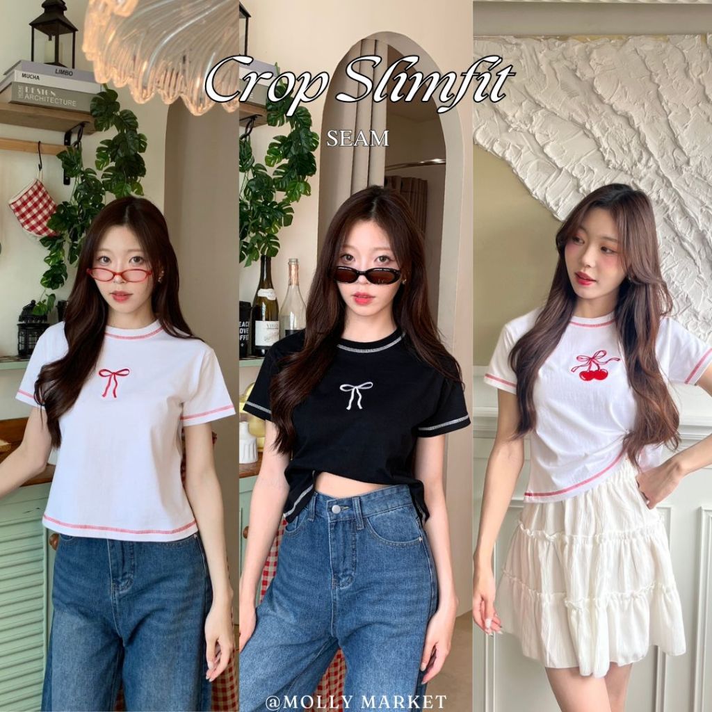 พร้อมส่ง ! เสื้อครอป Slim fit Middle Bow *งานปักโบว์ สุด cute