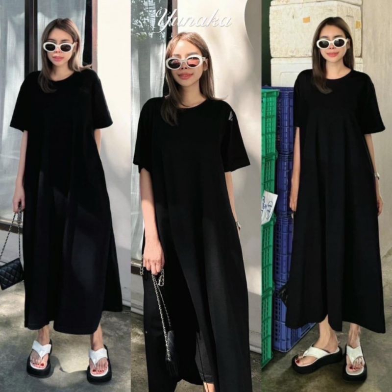 เดรสคอกลมแขนสั้น ทรงปล่อยแบบ oversize style เจาะกระเป๋าข้าง 2 ข้าง เพิ่มดีเทลผ่าข้าง