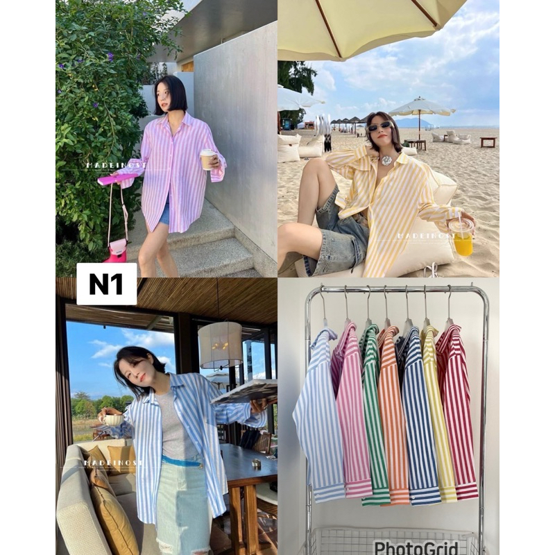 N01. เสื้อเชิ้ตโอเวอร์ไซส์ ลายทางผ้าอ็อกฟอร์ดเนื้อดี ใส่สบาย ใส่เป็นเสื้อคลุมได้ หน้าผ้า 46