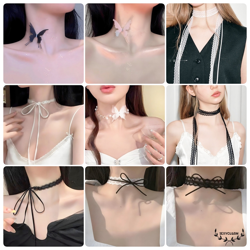 Sexy Charm🌹🌹สไตล์เกาหลี สร้อยแฟชั่น ริบบิ้นลูกไม้ ซ้อนกัน ความรู้สึกของการแบ่งชั้น กุทัณฑ์