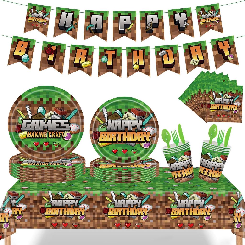 Table Set Minecraft ทิชชู่ เปเปอร์บันติ้ง ป้ายห้อย เซ้ต โต๊ะอาหาร วันเกิด มายคราฟ Happy birthday