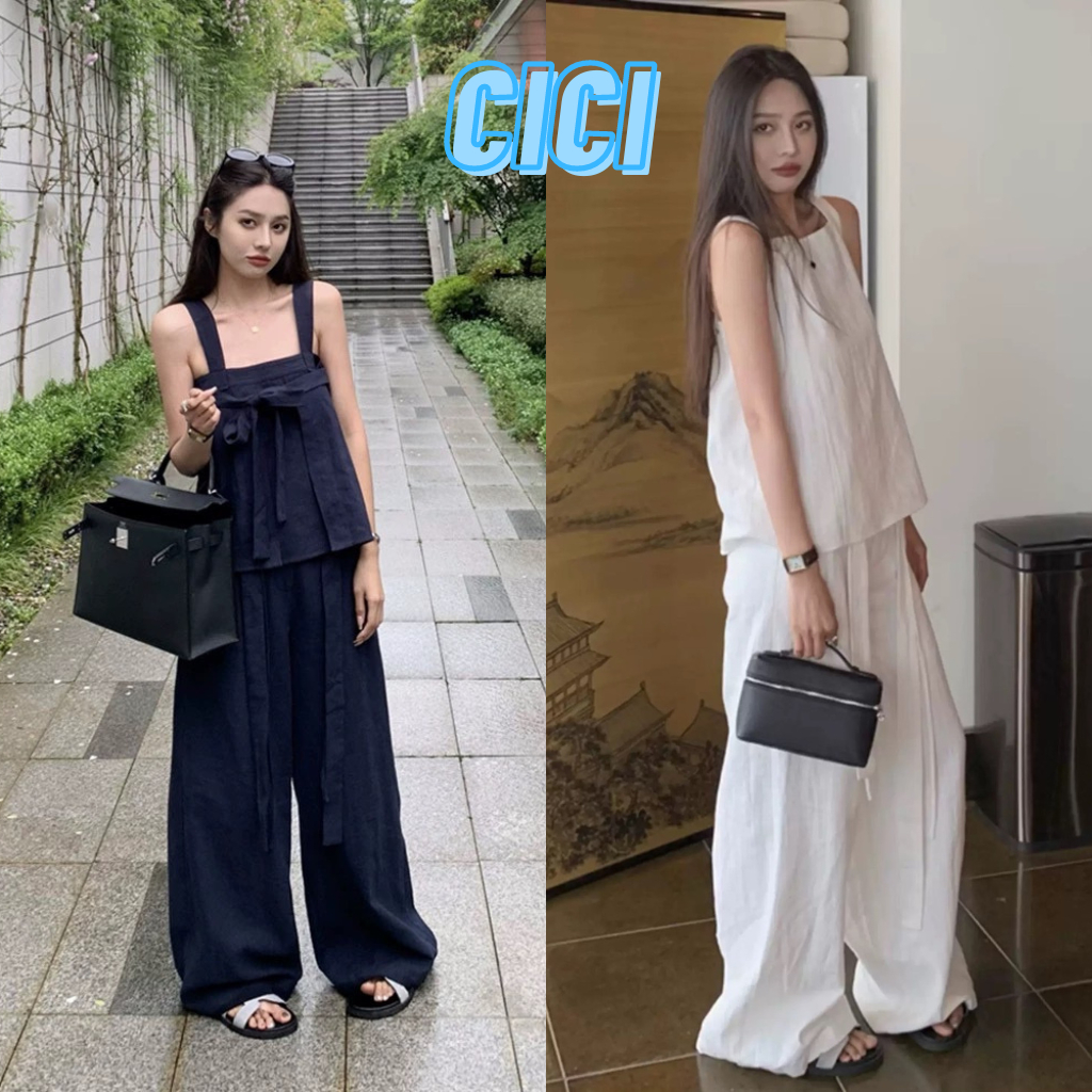 ส่งทันที Cici(NO. 3325) SET 2 ชิ้น สายเดี่ยว+กางเกงขายาวมีซับในผ้าฝ้าย ใส่สบาย สีพื้น มินิมอล