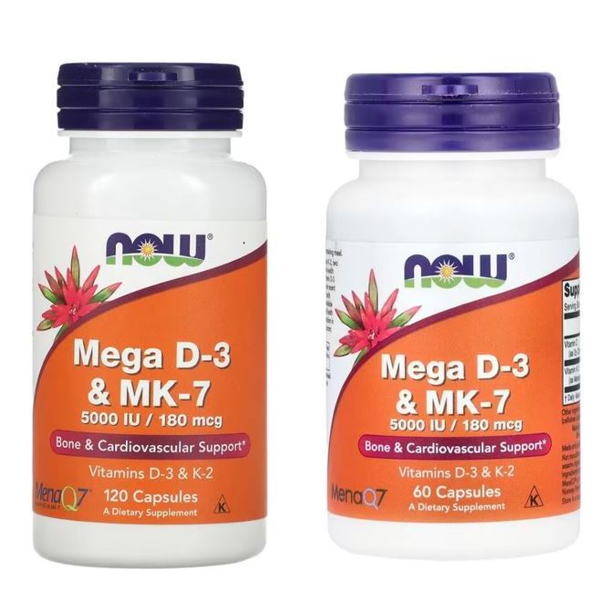(ส่งออกภายในวัน)(SALE) NOW Foods, Mega D-3 & MK-7, 5,000 IU / 180 mcg, 60/120 Capsules