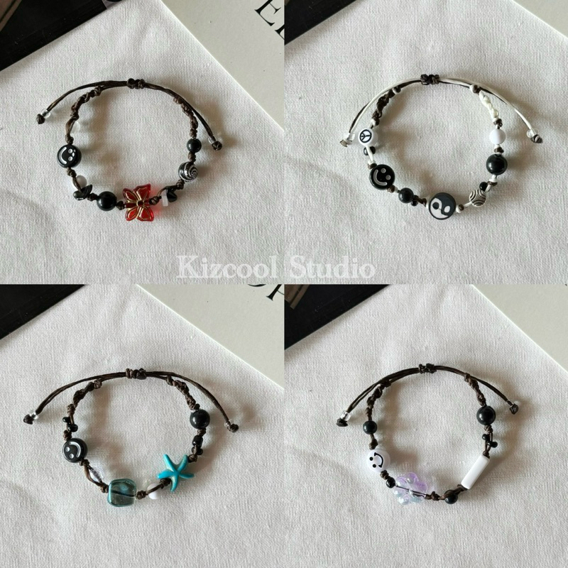Kizcool Studio | สร้อยข้อมือถักหิน โทนดำ-เทา วินเทจ แฟรี่ ฮิปปี้ กำไลเชือกถักหิน เก๋ๆ น่ารัก