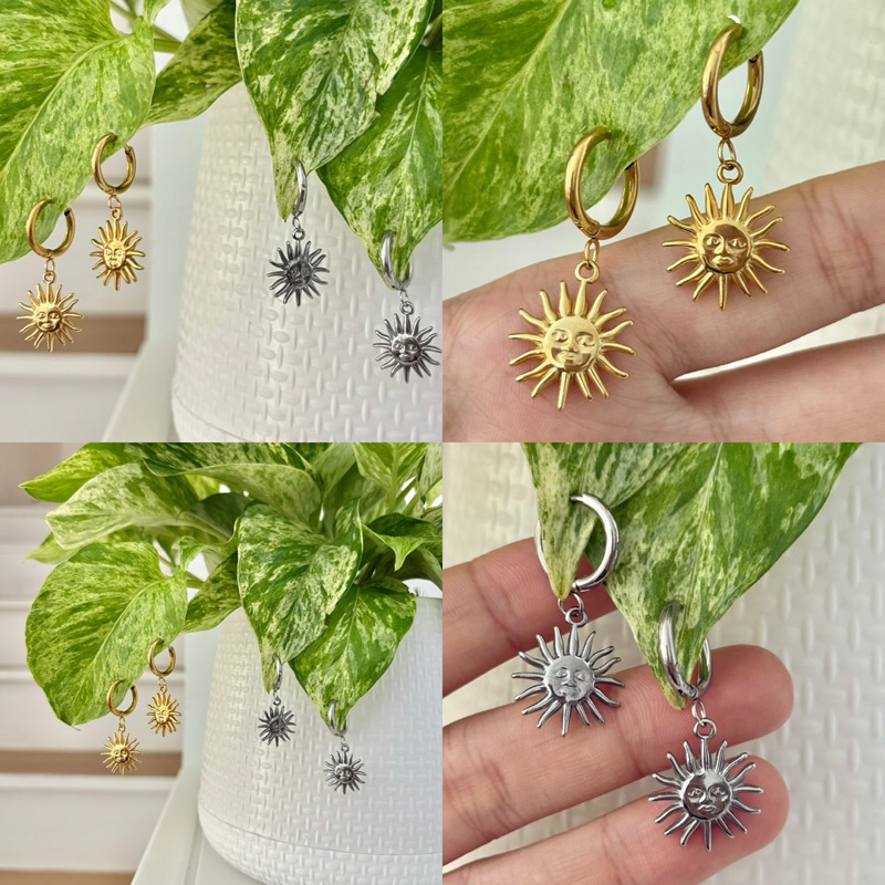 Piing me Stainless Steel Sun Earrings | ต่างหูสแตนเลสแบบห่วงพร้อมจี้พระอาทิตย์