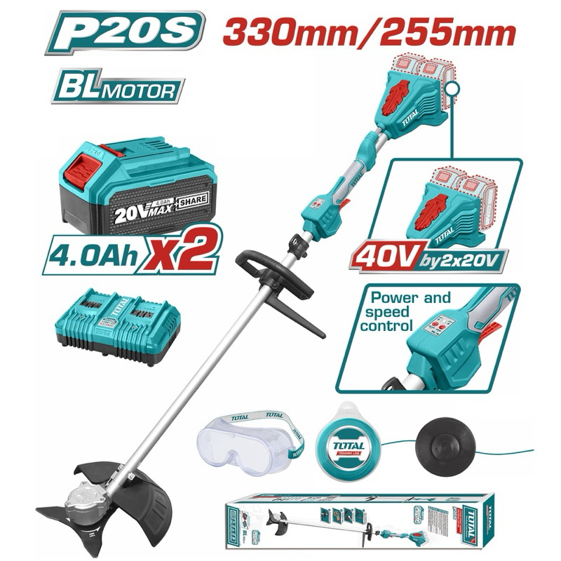 TOTAL เครื่องตัดหญ้า แบตเตอรี่ ไร้สาย 40 V พร้อมใบมีดตัดหญ้า, กระปุกสายเอ็น รุ่น TSTLI200285 และ TSL