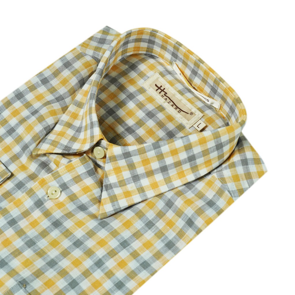 Hazard เสื้อเชิ้ตทำงานแขนยาวลายสก็อต Linen(ลินิน) สีเหลืองอ่อน