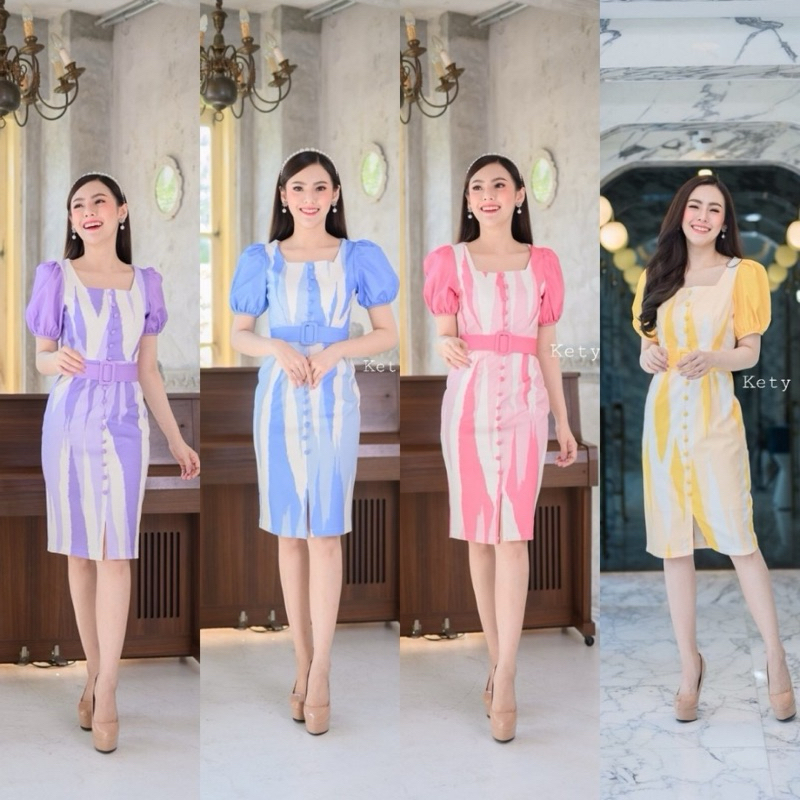 SPC05 ชุดเดรสไหมญี่ปุ่นคอเหลี่ยม แขนตุ๊กตา กระดุมปั้ม มีเข็มขัดให้