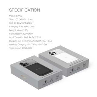 [เก็บโค้ด ลดเพิ่ม] Eloop EW52 แบตสำรองไร้สาย 10000mAh MagCharge PD 20W PowerBank Wireless