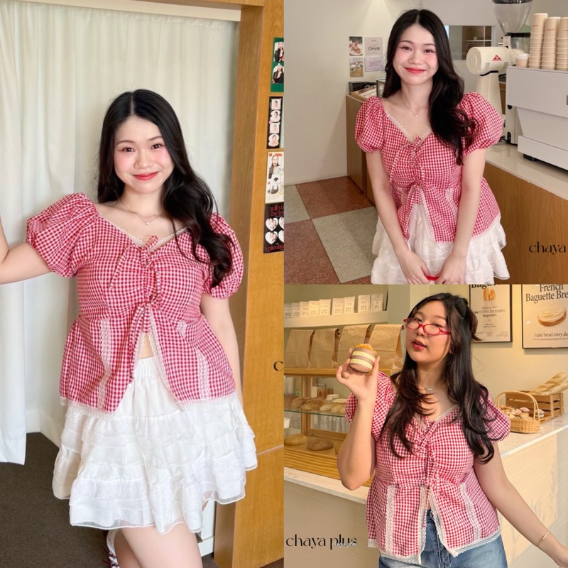 Narak เสื้อครอปแขนตุ๊กตา (ลายสก๊อต) เสื้อครอปสาวอวบ อก38-50นิ้ว Freesize
