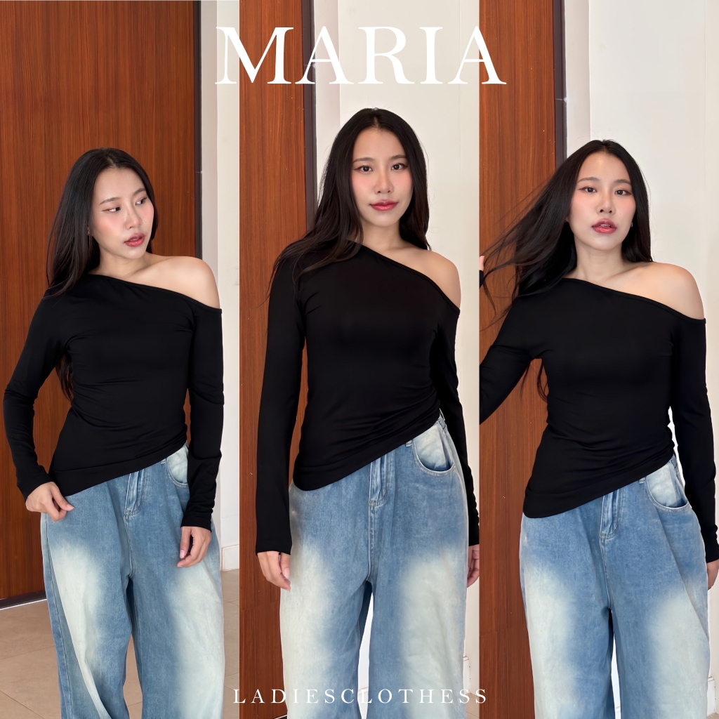 LADIESCLOTHESS #LC354 MARIA TOP เสื้อปาดไหล่ เสื้อแขนยาว เสื้อสีดำ