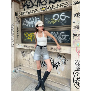 Proudly - Boby shorts jeans Summer กางเกงยีนส์ขาสั้น ทรง2ส่วนเอวสูง ใส่แล้วขายาว S-3XL(พร้อมส่ง)