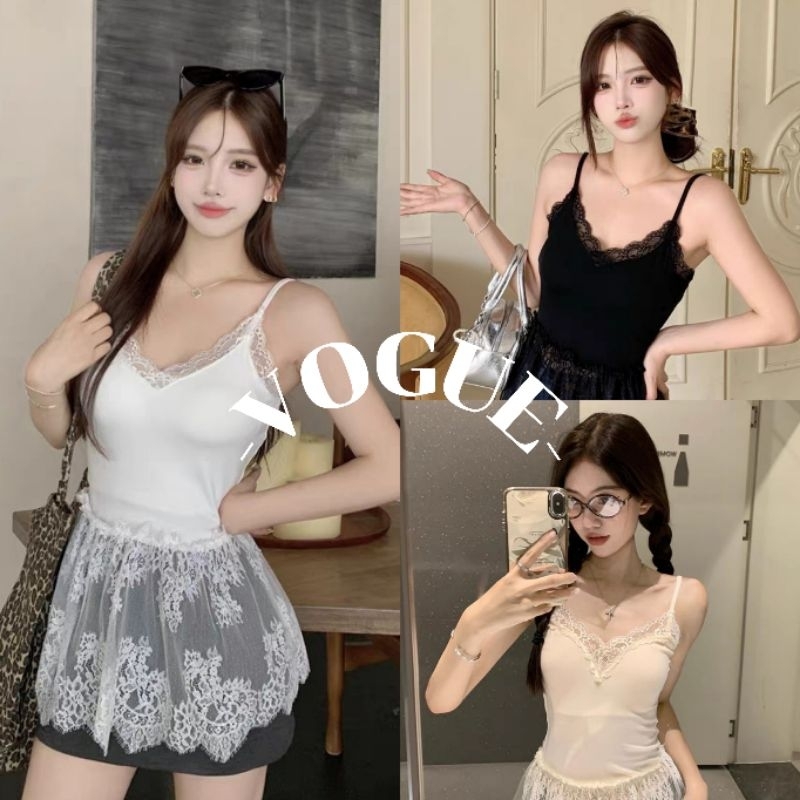 Vogue พร้อมส่ง เสื้อสายเดี่ยว มีฟองน้ำ ดีเทลแต่งลูกไม้ ยืดตามตัว (FY1085)