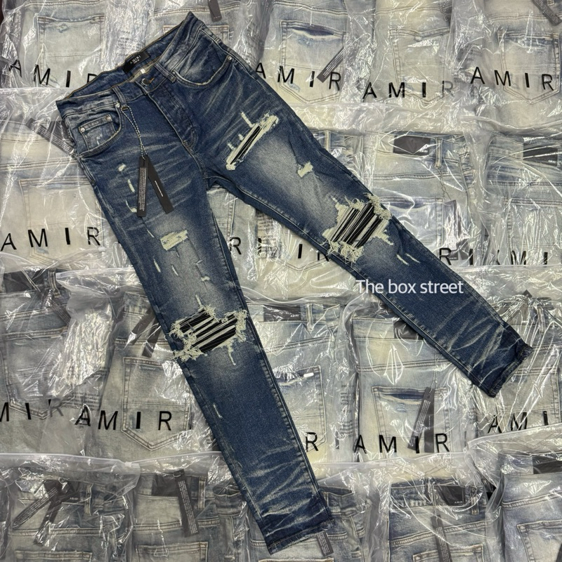 Amiri ออริจินอล XM1 สีเข้ม แต่งเข่าหนังย่นสีดำ ภาพถ่ายจากสินค้าจริงรับประกันตรงปก