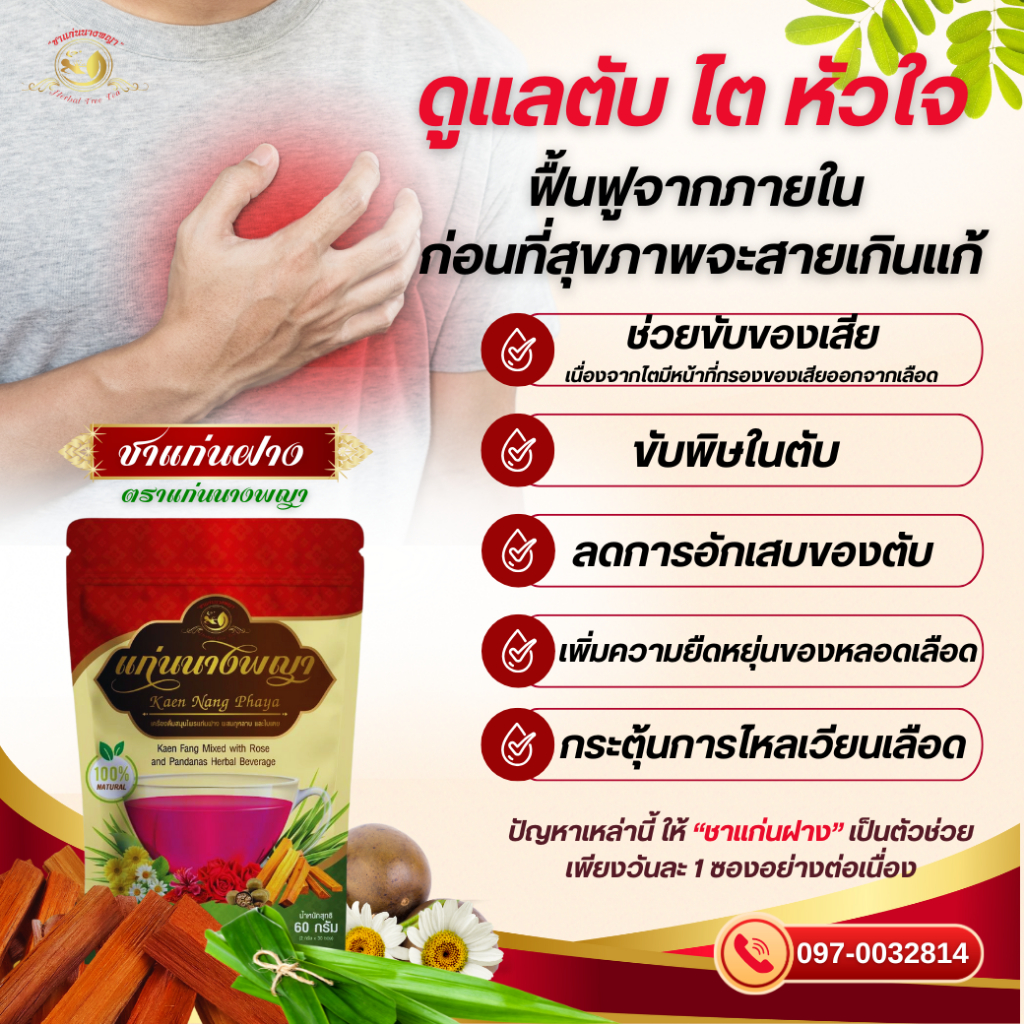ชาแก่นฝาง บำรุงหัวใจ ลดไขมันพอกตับ บรรเทาไตเสี่อม ฤทธิ์ยับยั้งการสะสมไขมันหลอดเลือด เลือดไหลเวียนดี