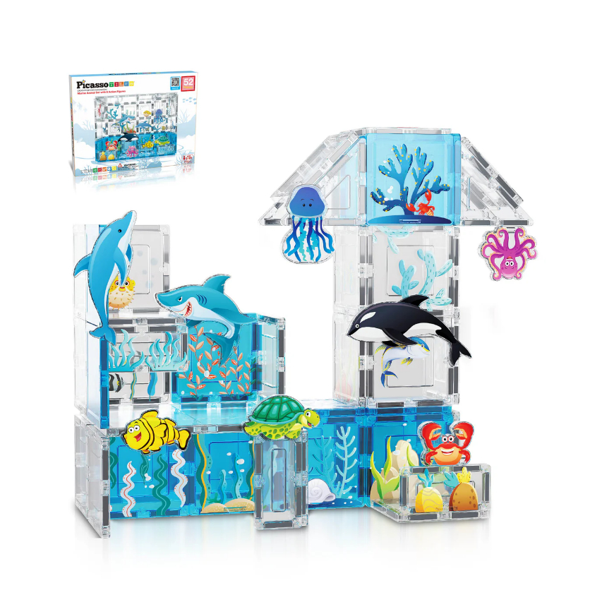 PicassoTiles 52 Pc Aquarium Marine World Magnet Tile Set with Oceanic Characters
