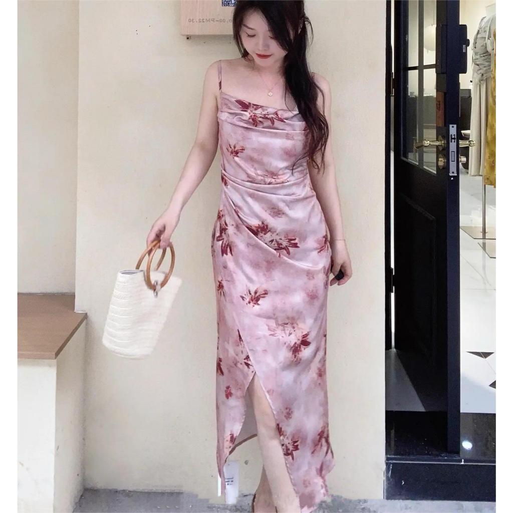 เดรสสีชมพู ยาว รัดรูป เกาหลี สายเดี่ยว ผู้หญิง ดอกไม้ ไปทะเล ออกงาน เรียบหรู แขนกุด เดรสแฟชั่น