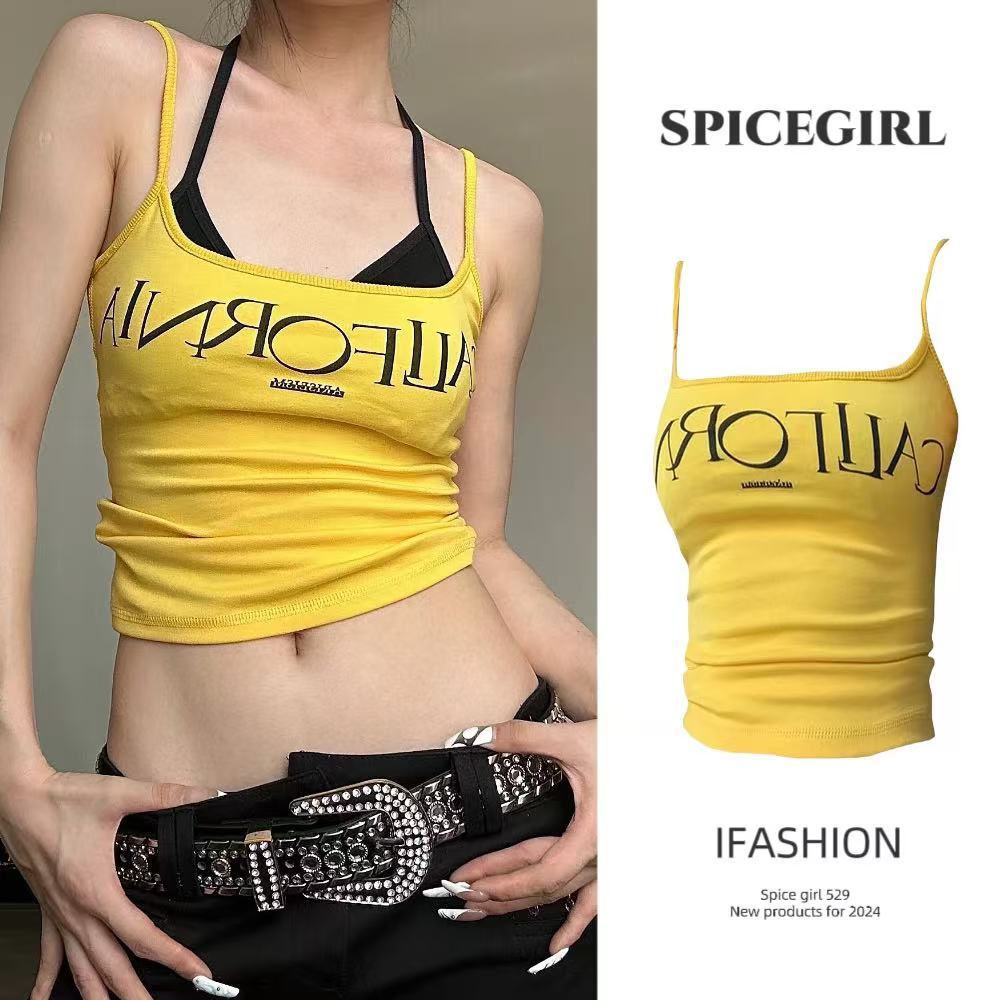 Spice girl set 2 ชิ้น ชุดชั้นในสีดำ+สายเดี่ยวสีเหลือง ลายพิมพ์ตัวอักษร ผ้าคุณภาพดี สีสวยมาก เหมาะสำหรับฤดูร้อน