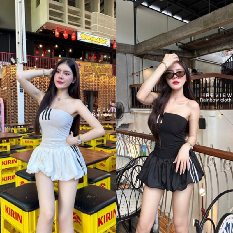 เดรสเกาะอกบอลลูนแต่งแถบสไตล์street สุดเท่ห์งานผ้ายืดน่ารัก