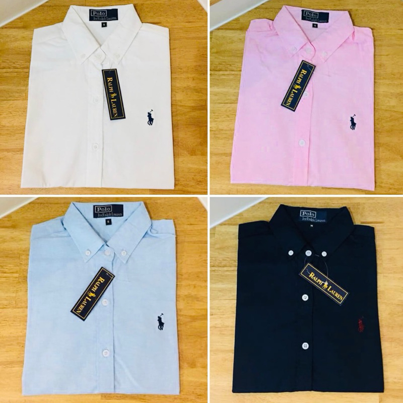 เสื้อเชิ้ตแขนยาว สีพื้น ปักม้าเล็ก ผ้าcotton Oxford ทรงสวย