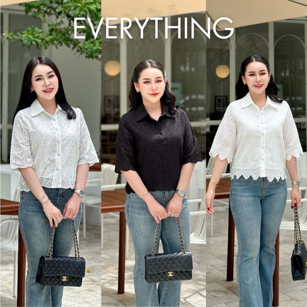 Everything2019 เสื้อผู้หญิงคอปก แขนศอก งานลูกไม้ฉลุ มีซับใน ดีไซน์เก๋ ใส่ทำงาน ใส่งานบุญ (2112-1)