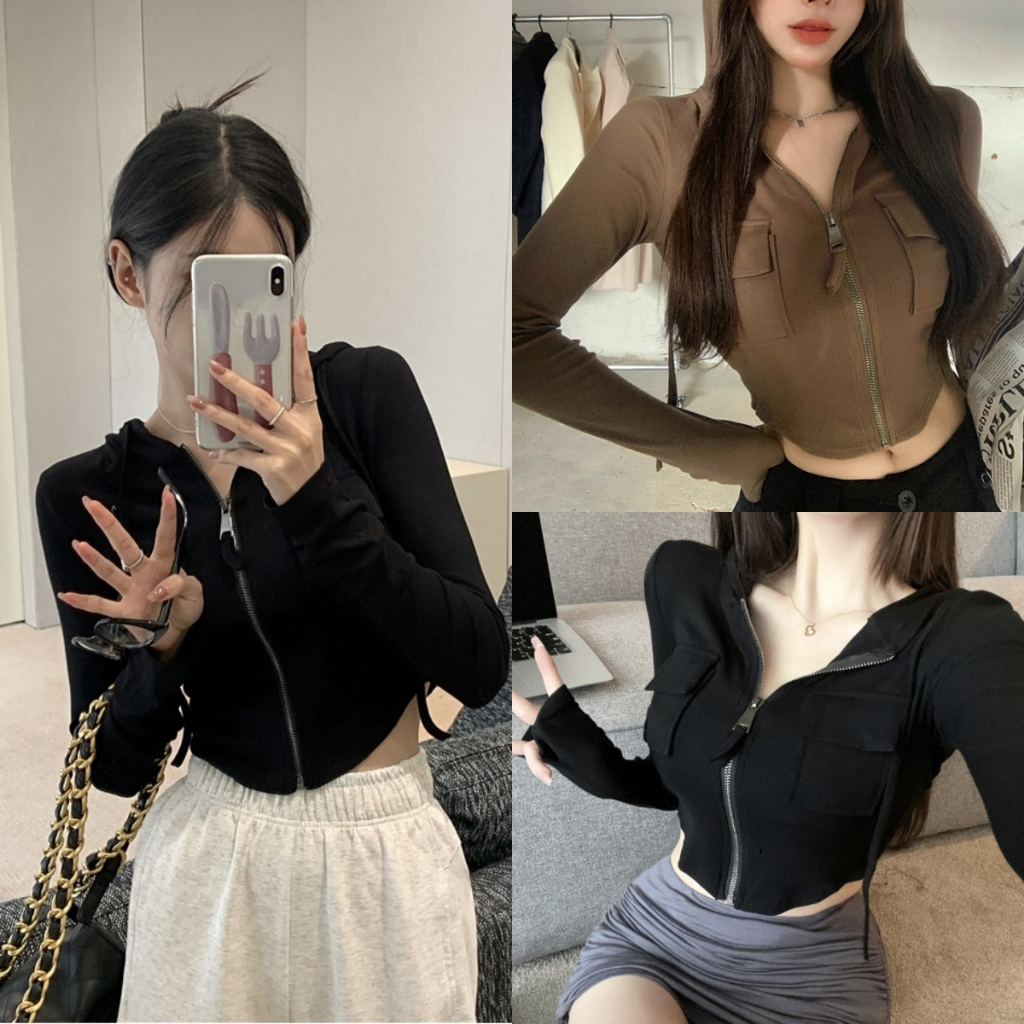 Beryl สไตล์หวานและเซ็กซี่ เสื้อยืดแขนยาวมีฮู้ดเสื้อคาร์ดิแกนสั้นทรงสลิมผิดปกติ