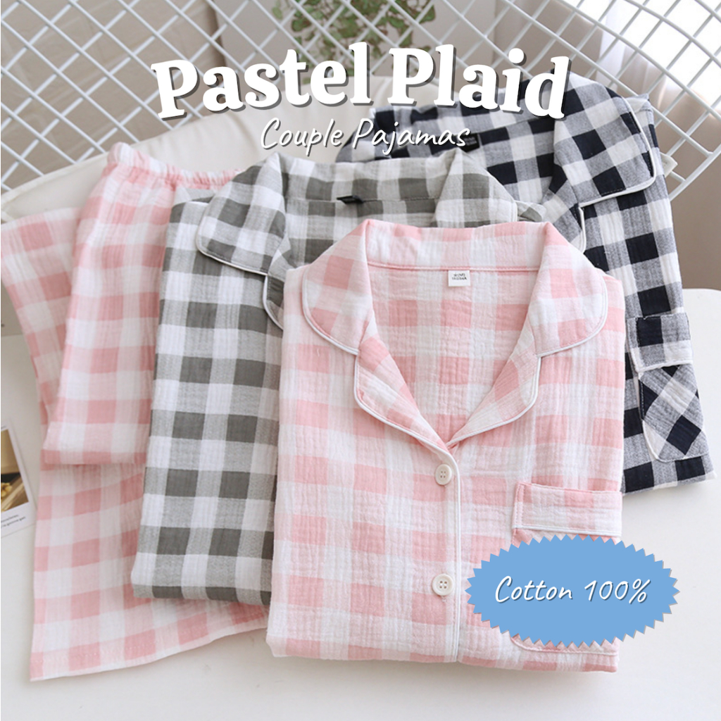[พร้อมส่ง] ชุดนอน Daydreamers - Pastel Plaid ชุดนอนคู่ แขนยาวขายาวลายสก็อต ผ้าคอตตอนสาลู ใส่สบาย เบา นุ่ม Free-size