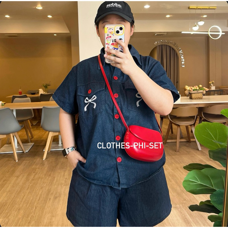 พร้อมส่ง ชุดเซตยีนส์สีเข้ม อกหน้าผ้า50 เสื้อผ้าสาวอวบplus size(Ribbons Denim Set Dark)