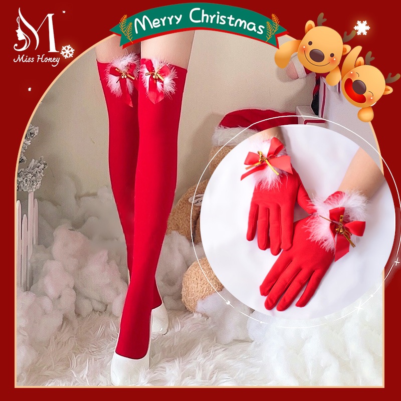 【ส่งจากกรุงเทพฯ】เซทถุงมือ ถุงน่องคริสต์มาส โบว์ เซ็กซี่น่ารัก นุ่มสบาย เครื่องแต่งกายเข้าร่วมกิจกรรม ถุงน่อง+ถุงมือ