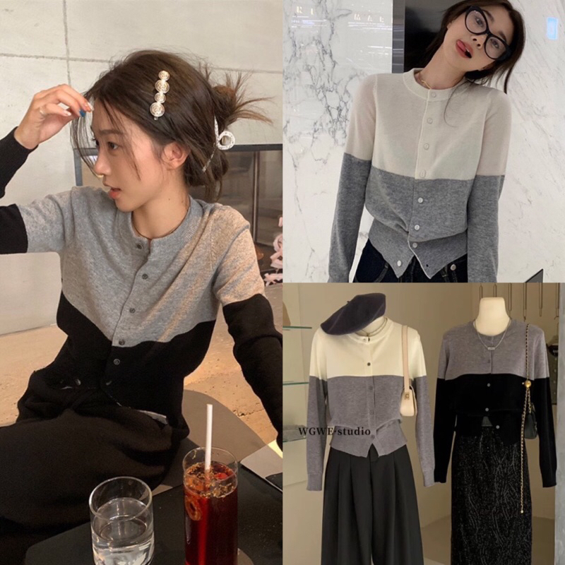 เสื้อคลุมแขนยาวไหมพรมทูโทนรุ่น 2457 TAG:WG.WE