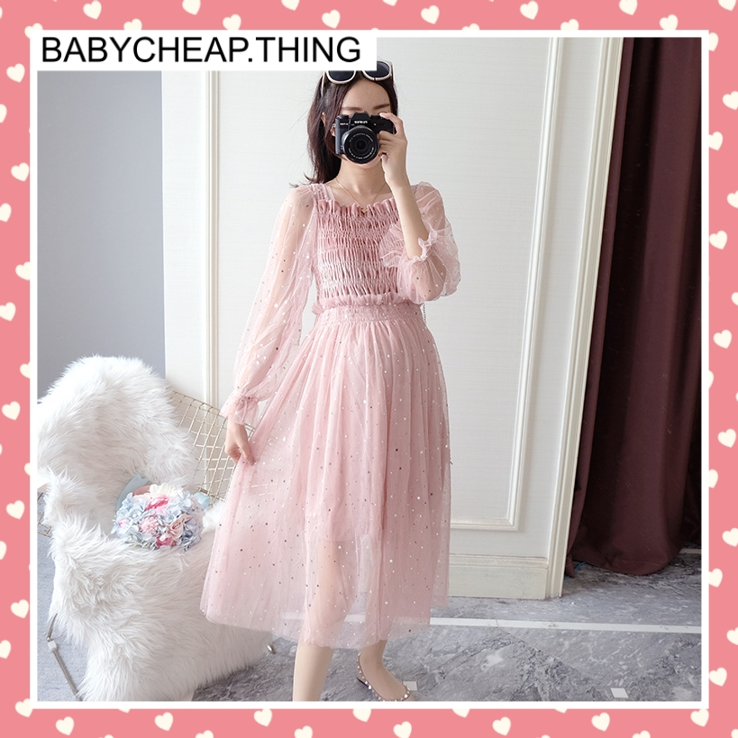 เดรสคลุมท้องแฟชั่นแขนซีทรู(Za480) ช่วงอกสม๊อค ประดับด้วยดาวฟรุ้งฟริ้ง มีซับใน น่ารักมาก