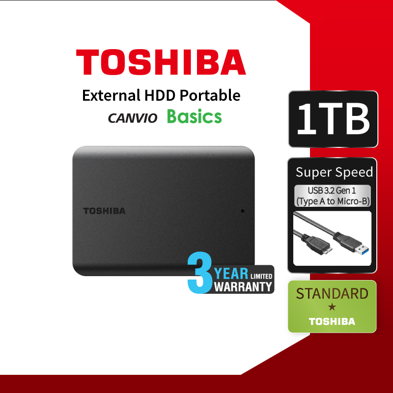 Toshiba External (1TB /2TB/4TB) USB 3.0 รุ่น (Canvio Basics A5) สีดำ ฮาร์ดดิสก์แบบพกพา Harddrive HDD