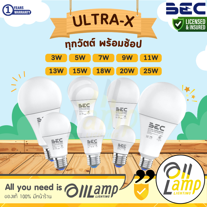 BEC หลอดไฟ LED Bulb รุ่น ULTRA-X 3w 5w 7w 9w 11w 13w 15w 18w 20w 25w ขั้ว E27 ประกัน1ปี