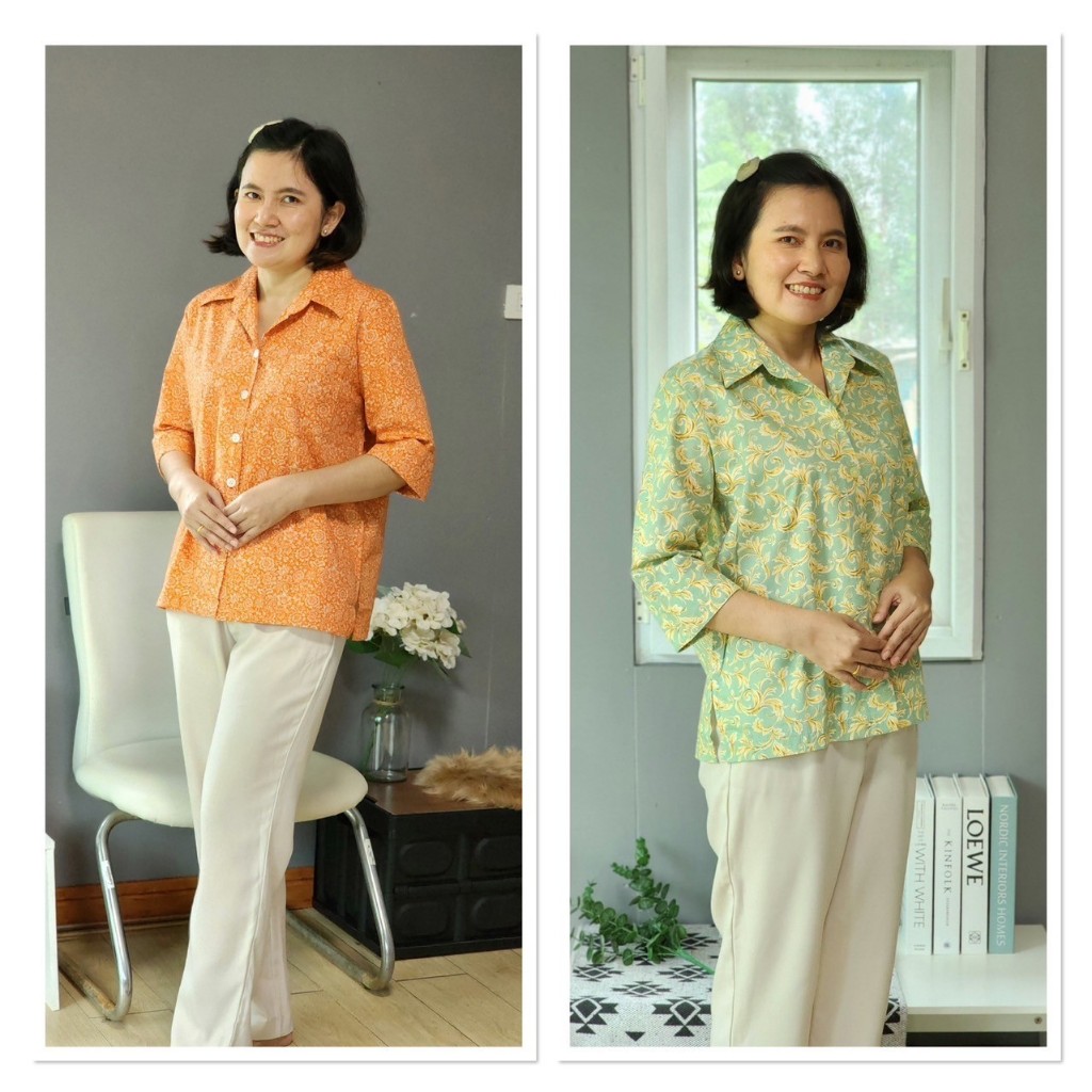 Tissara เสื้อเชิ๊ตแขนสามส่วน ทรงเอวตรง ผ่าข้าง มีกระเป๋าหน้าอก ผ้าคอตตอน 100 % โทนสีส้มและเขียว