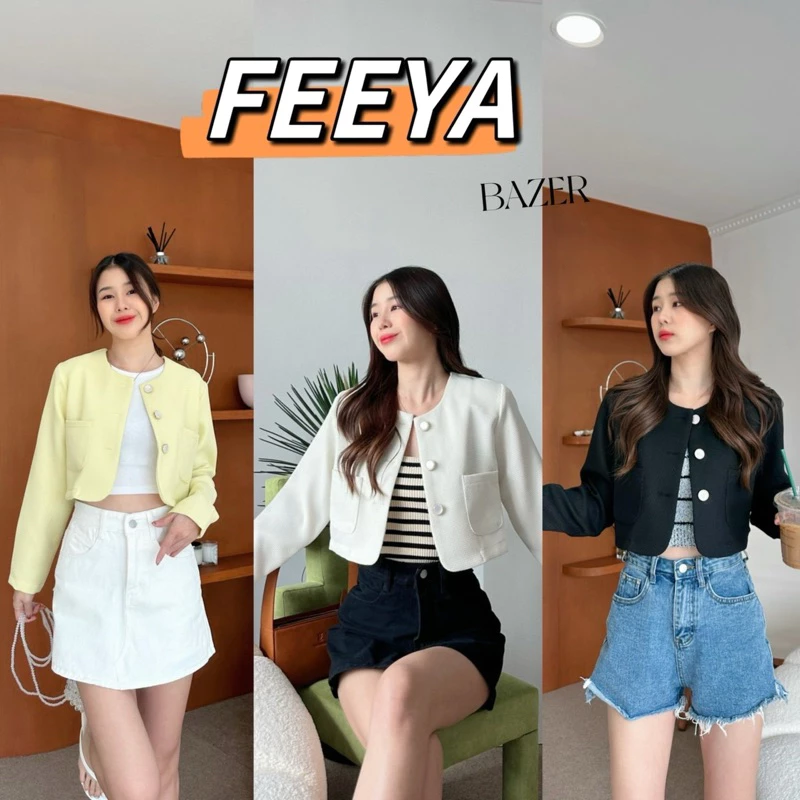 New‼️เสื้อสูทผู้หญิง Blazer crop สูทครอป งาน Premium กระดุมหน้า แต่งกระเป๋าแปะ เนื้อผ้าลายทวิต (มีฟองน้ำเสริมบ่า)
