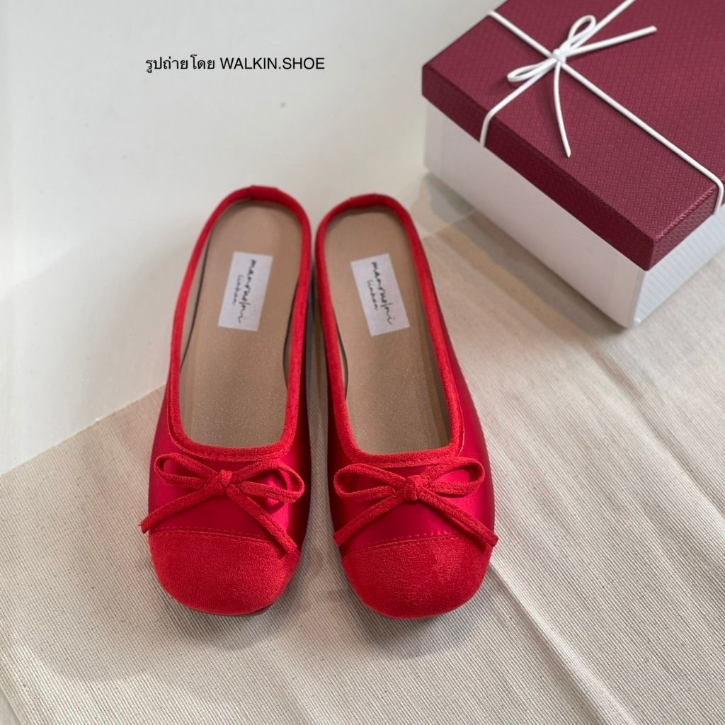 (พร้อมส่งจากไทย) รองเท้าเปิดส้นมีโบว์ สีแดง รุ่น JANE