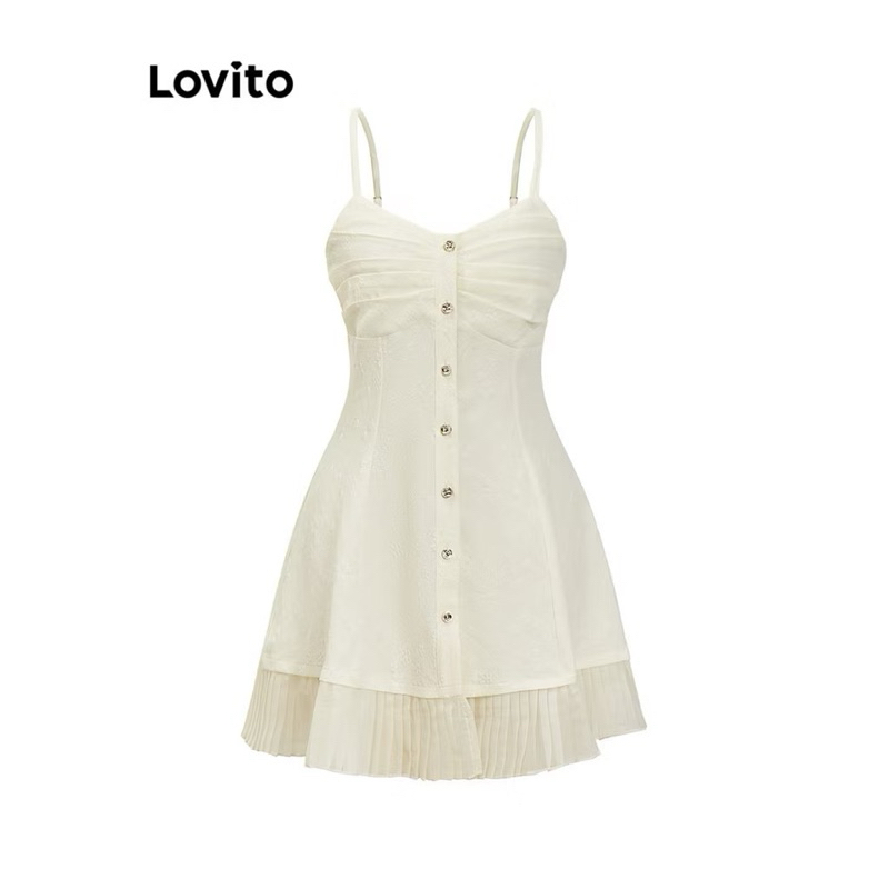 Lovito ชุดเดรสผู้หญิง มีกระดุม ผ้าแจ็กการ์ด แต่งจีบ สีพื้น สไตล์ลำลอง L86ED347