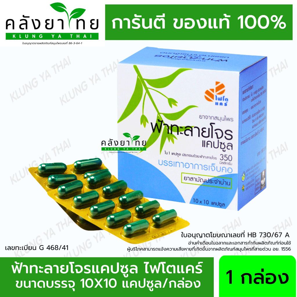 Phyto Care ฟ้าทะลายโจรแคปซูล 350 mg. ไฟโตแคร์ GPO ฟ้าทะลายโจรองค์การเภสัชกรรม100 แคปซูล/กล่อง