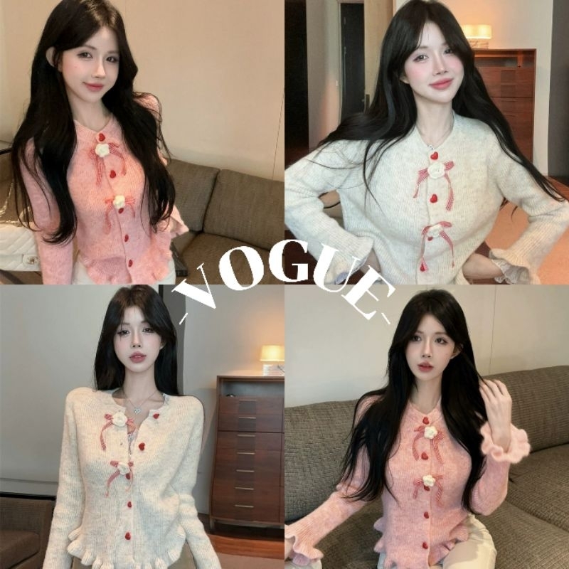 Vogue พร้อมส่ง เสื้อถักไหมพรมแขนยาง คอกลม กระดุมหน้า สีพาสเทล (CL1075)