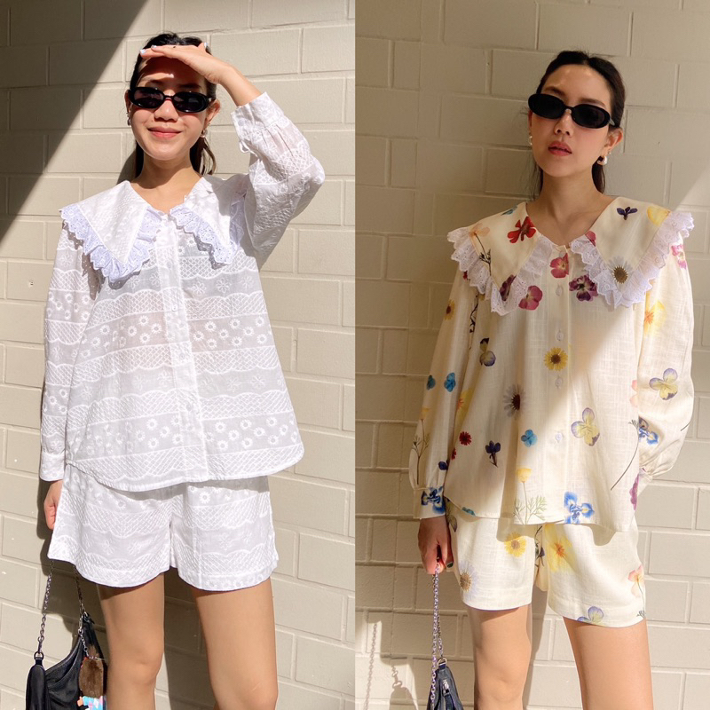 Denee set เซทเสื้อแขนยาว ขาสั้นแต่งลูกไม้