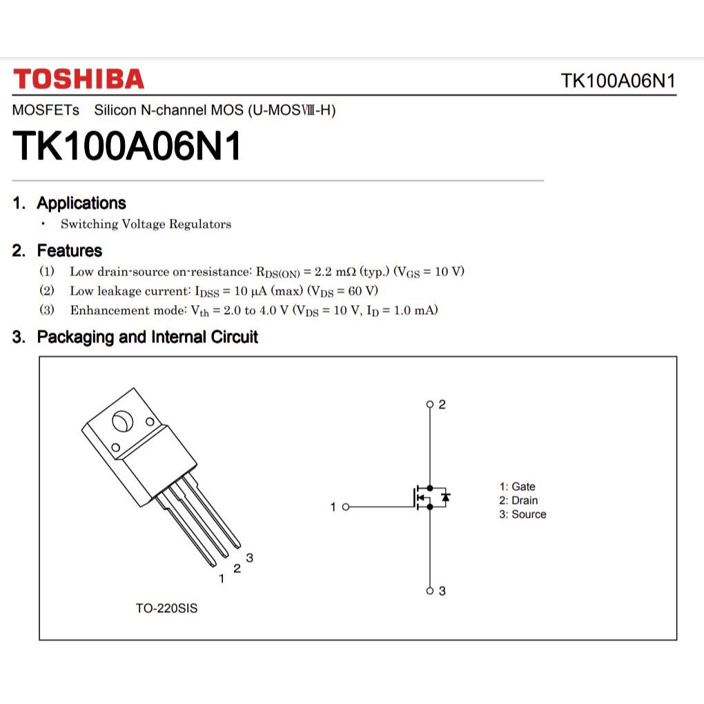 มอสเฟต TK100A06N1 (จำนวน 10ชิ้น) 60V 100A 45W TO-220 TOSHIBA ของแท้