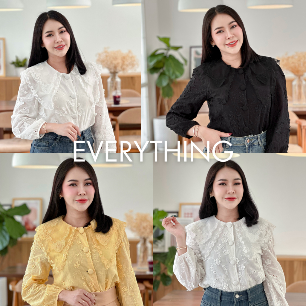 Everything2019 เสื้อผู้หญิงคอปก2ชั้น แขนยาว ผ้าฝ้ายปักลูกไม้ มีซับในแขนซีทรู ใส่ไปวัด (2308)