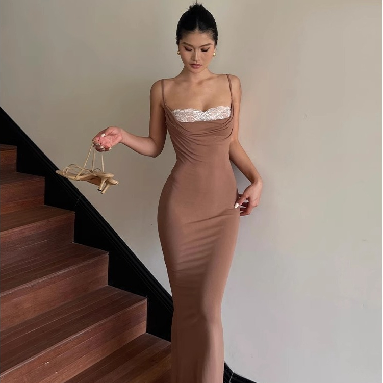 เดรสยาวรัดรูป แฟชั่น เกาหลี ไปทะเล สายเดี่ยว ผู้หญิง ชุดราตรี ออกงาน เรียบหรู ลูกไม้ น่ารัก เดรสแขนกุด